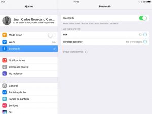 Menú Bluetooth de iOS en Ajustes