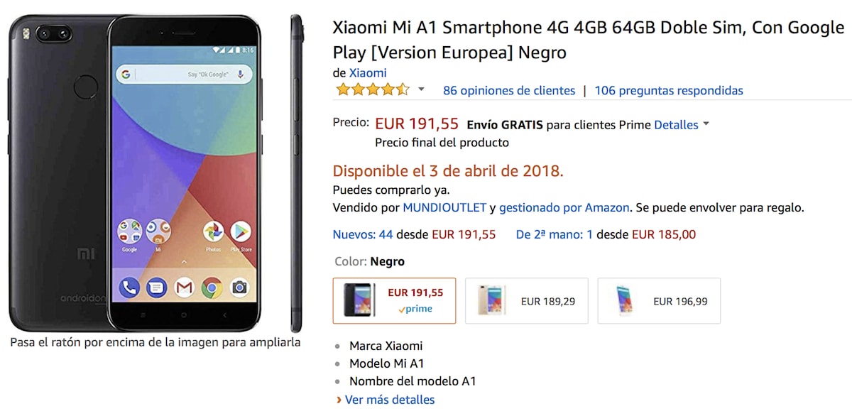 oferta del xiaomi mi a1 más barato en amazon