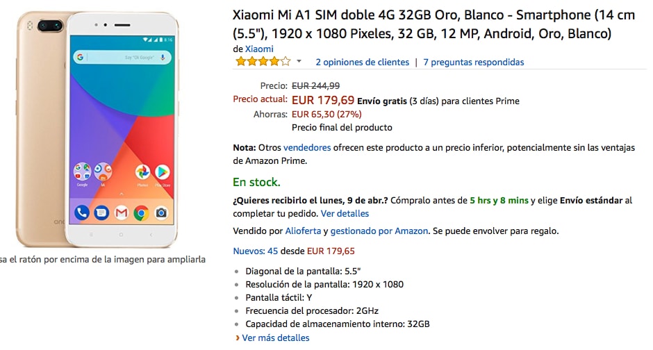 oferta del Xiaomi Mi A1 de 32 GB en amazon