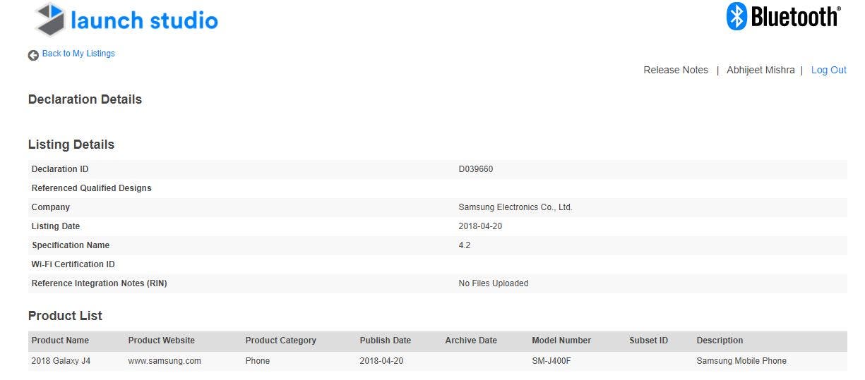 Bluetooth del Samsung Galaxy J4