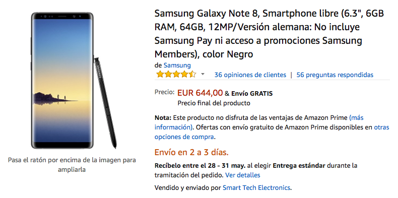oferta del galaxy note 8 en amazon