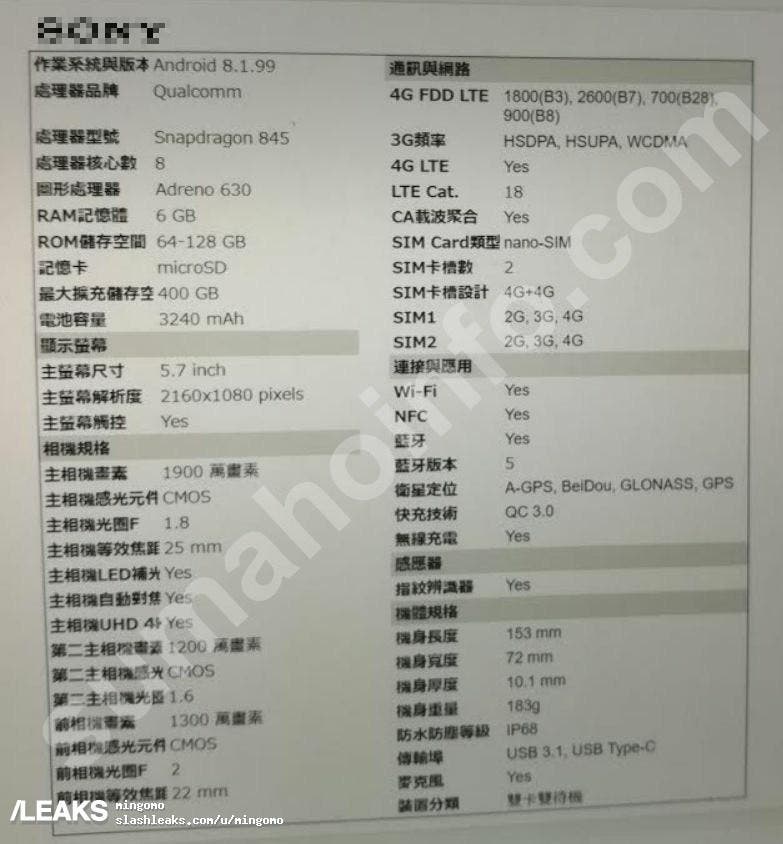 características del sony xperia xz3