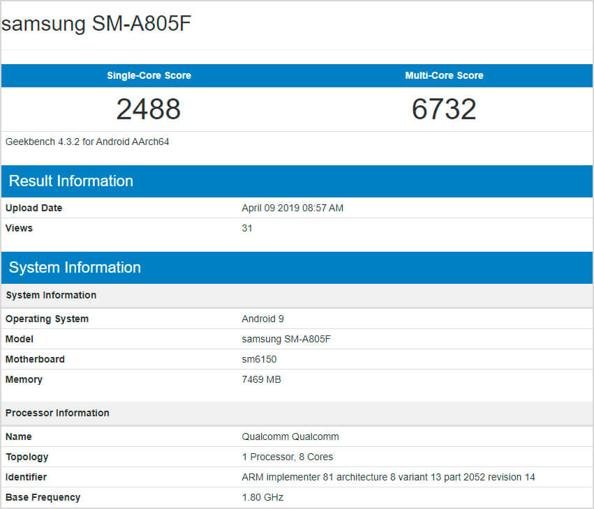 Geekbench del Samsung Galaxy A90
