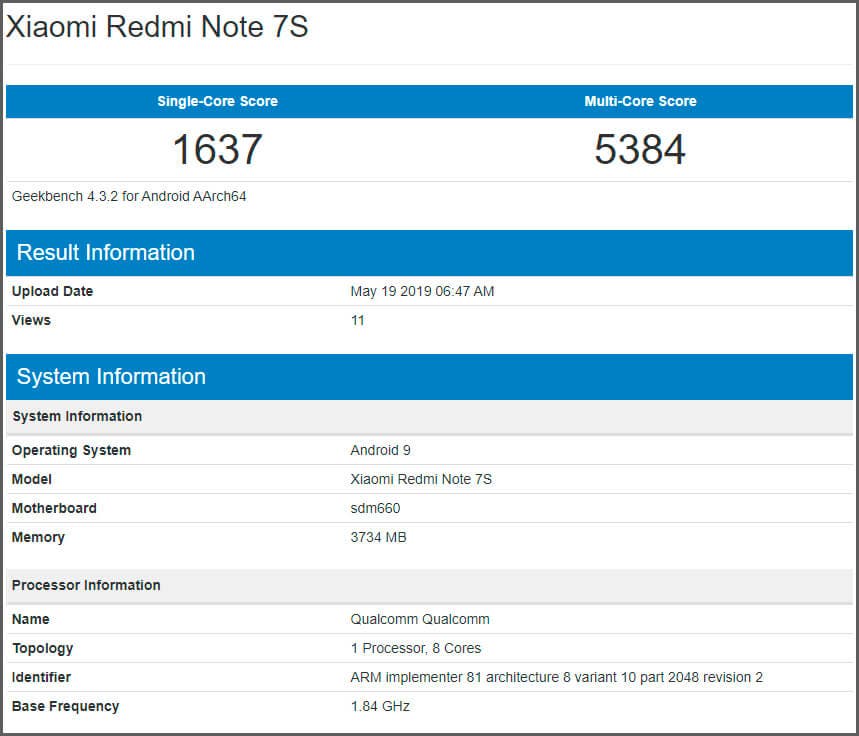 Redmi Note 7S Geekbench