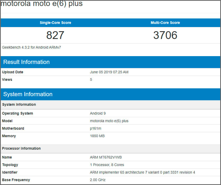 Geekbench del Motorola Moto E6 Plus