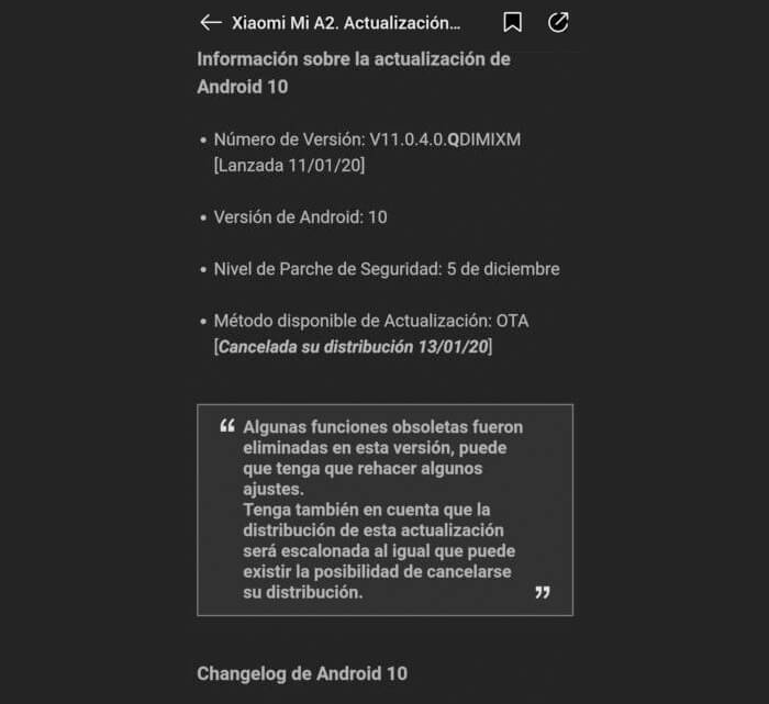 Xiaomi Mi A2 Android 10 actualización detenida