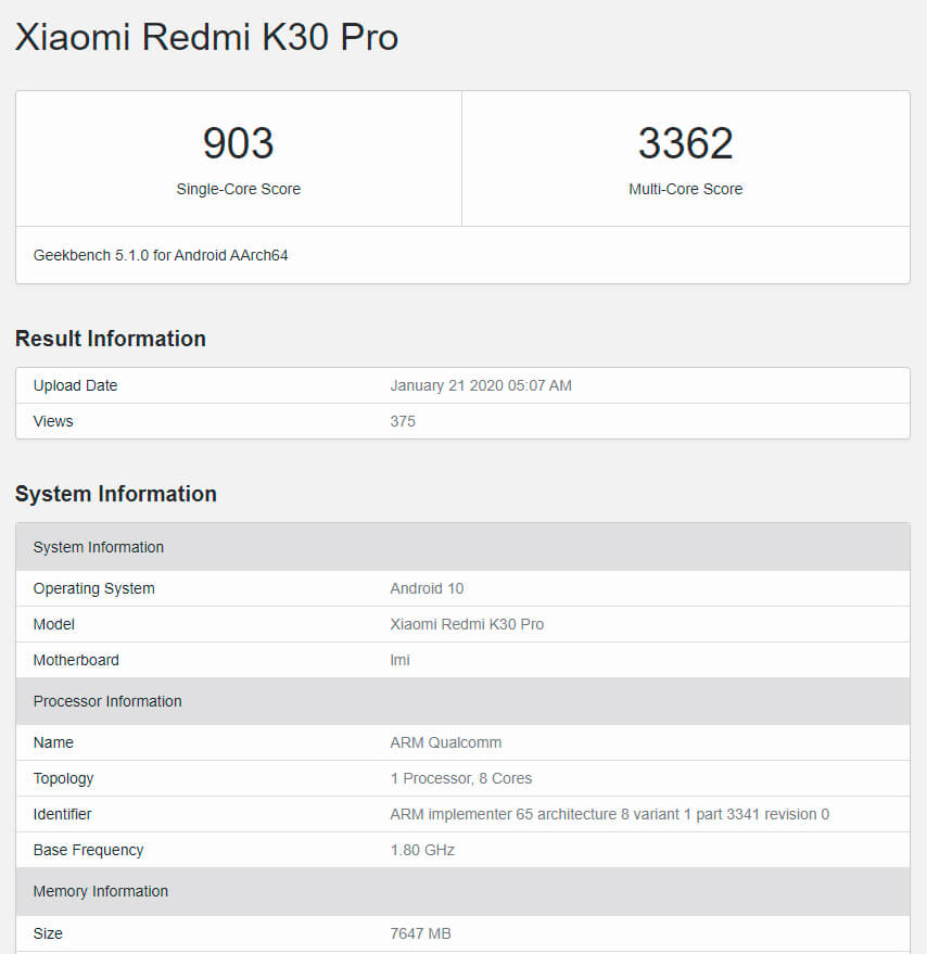 Redmi K30 Pro Geekbench 5