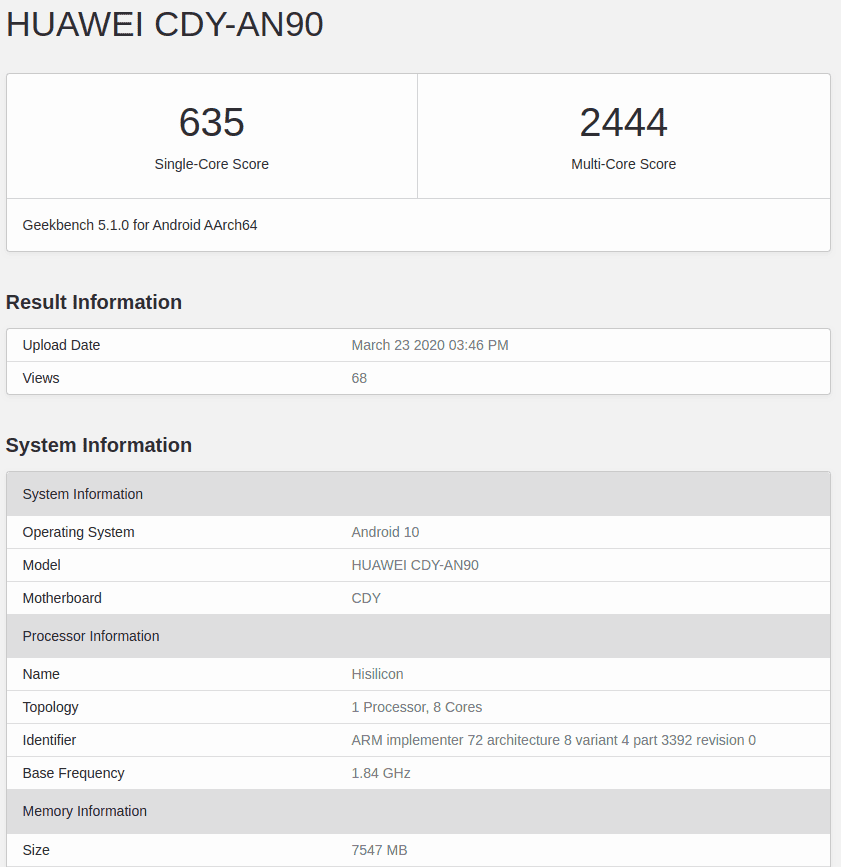 Kirin 820 geekbench