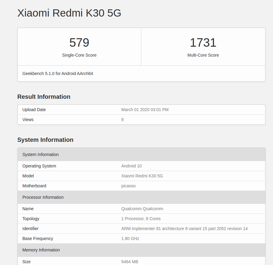 Geekbench Redmi K30 5G