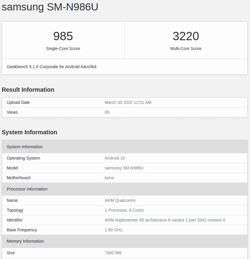 Samsung Galaxy Note 20 Geekbench