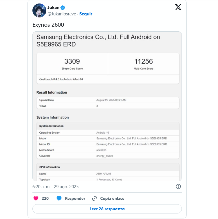 Imagen Geekbench sobre el resultado del Exynos 2600