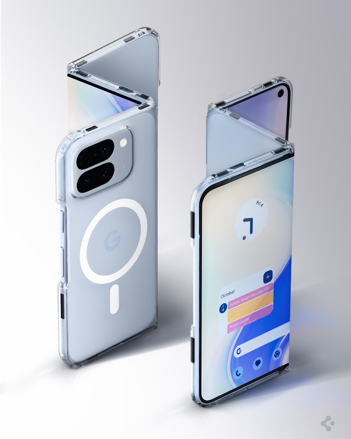 Render conceptual del Google Pixel TriFold con triple pliegue diseñado por Spigen
