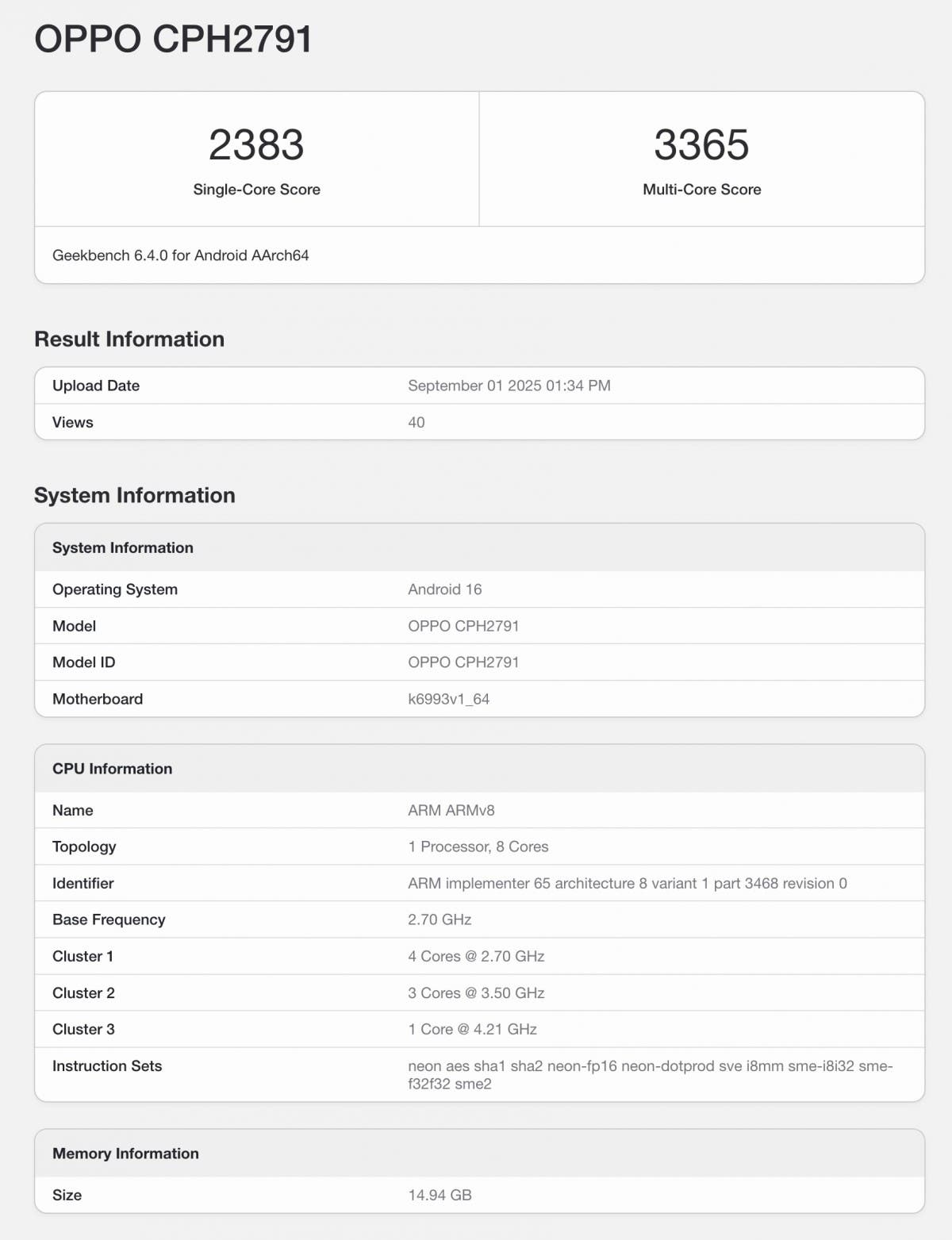 Resultado de Geekbench del Oppo Find X9