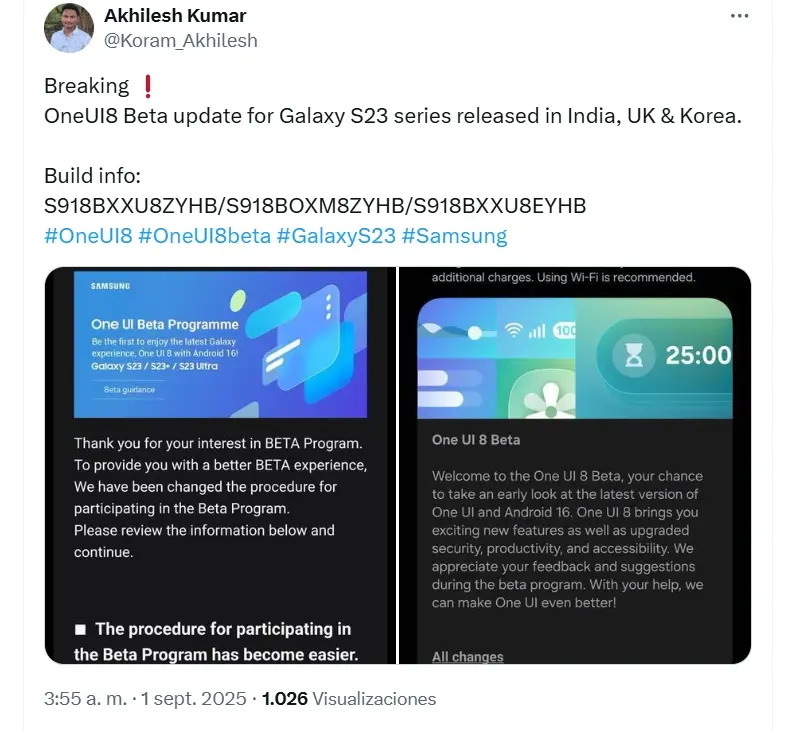 Reporte del lanzamiento de la beta de One UI 8 para los Galaxy S23 y tambén para los Galaxy A