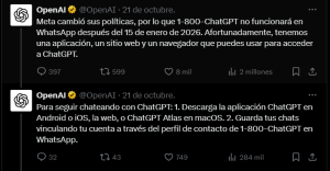Cambios de políticas de Meta hace que ChatGPT en Whatsapp llegue a su fin