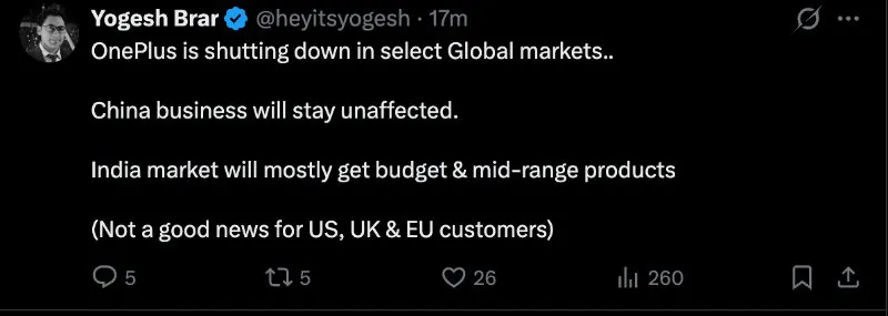 Yogesh Brar comenta que OnePlus se retiraría del mercado