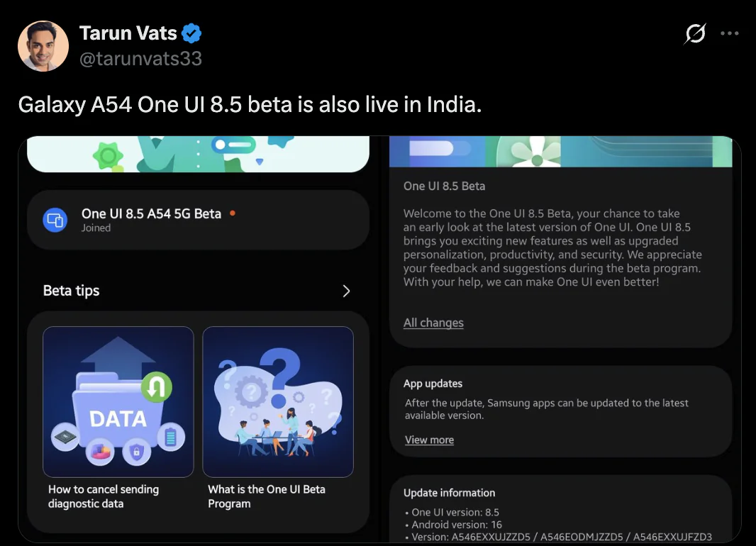 La beta de One UI 8.5 para los galaxy a54 es oficial