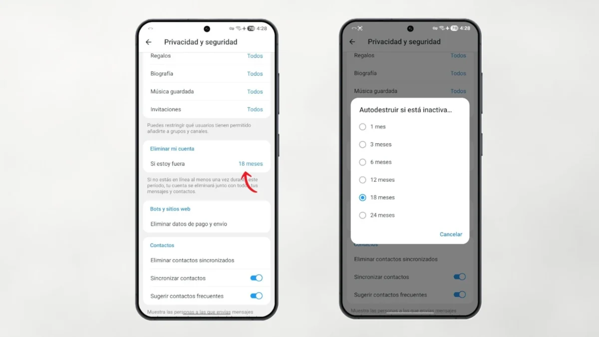 El segundo método eliminará tu cuenta si no vuelves a usar la Telegram en un tiempo determinado 