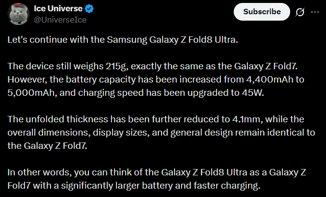 Detalles sobre la batería y el peso que tendrá el Samsung Galaxy Z Fold 8 Ultra